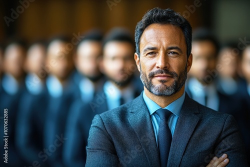 Confident Leader: Portrait of a charismatic businessman with arms crossed, standing confidently in front of his team, conveying authority, success, and vision. 