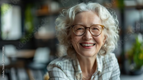 Cheerful older woman exuding confidence in small business leadership, smiling and enjoying a light-hearted moment in the office