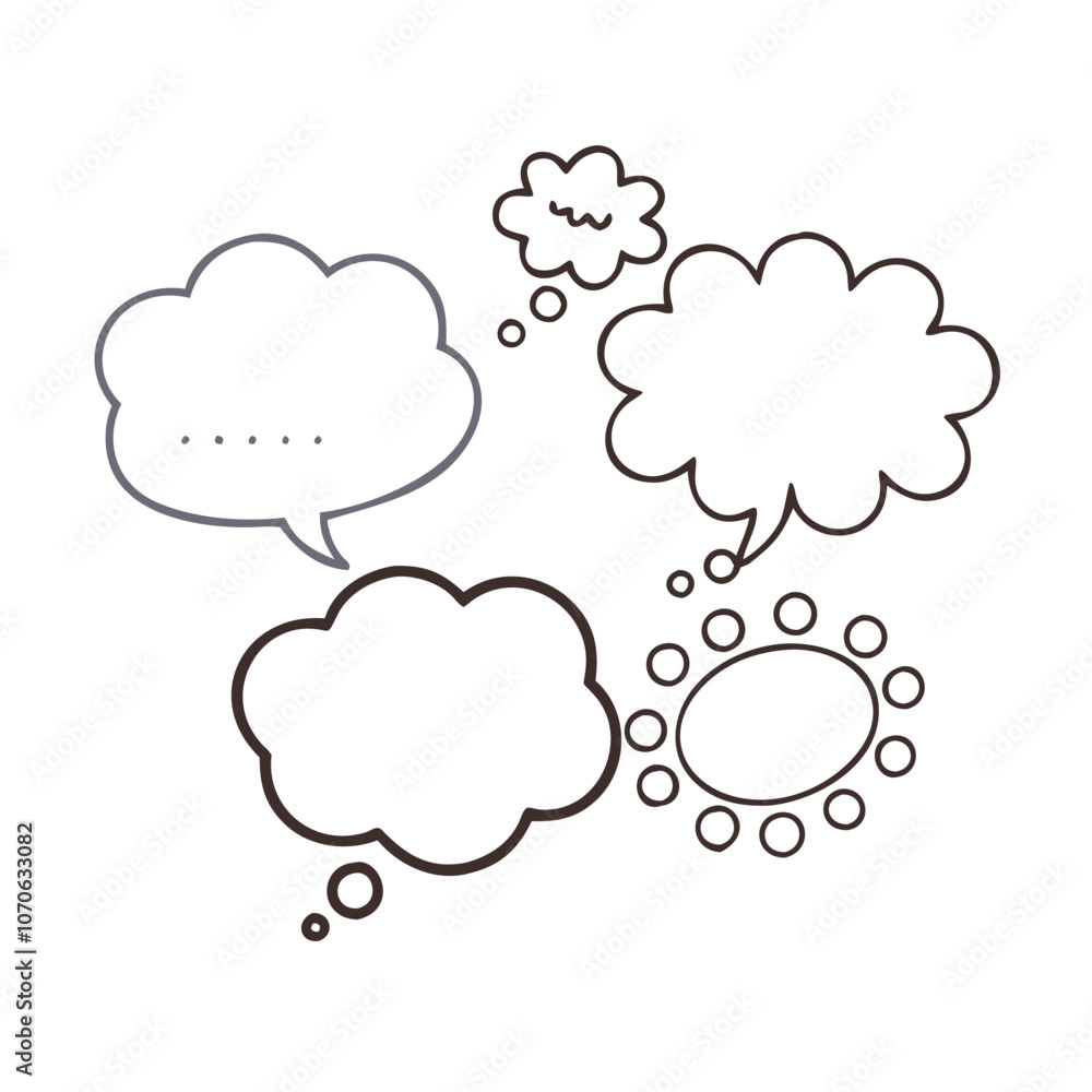 Variety of Thought Bubbles in Doodle Style, Illustration of different thought bubbles in a hand-drawn style, featuring blank, dotted, and expressive designs for creative conversation.
Variety of Thought Bubbles in Doodle Style, Illustration of different thought bubbles in a hand-drawn style, featuring blank, dotted, and expressive designs for creative conversation.