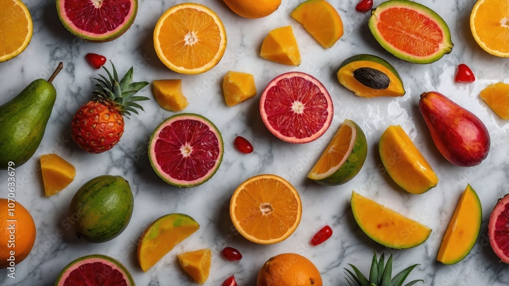 A colorful arrangement of various fruits on a marble surface, showcasing freshness and variety. A colorful arrangement of various fruits on a marble surface, showcasing freshness and variety.