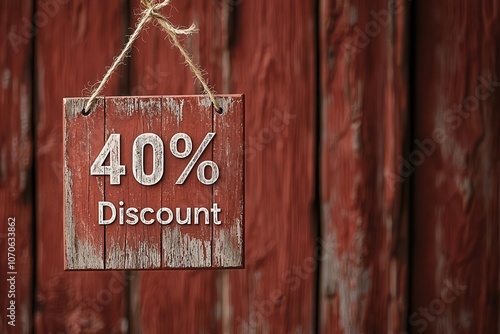 A rustic sign advertising a 40% discount, hanging on a weathered wooden background, suitable for promotions and sales. photo