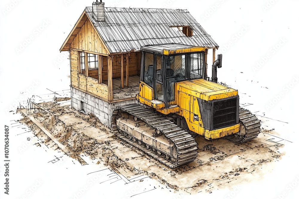 Fototapeta premium Construction equipment at a building site working on a wooden cabin during daylight hours in a rural setting. Generative AI