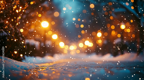 Beautiful blurred street of festive night or evening city with snowfall and Christmas lights. Abstract background Christmas lights in winter landscape with snow, lights bokeh background.
