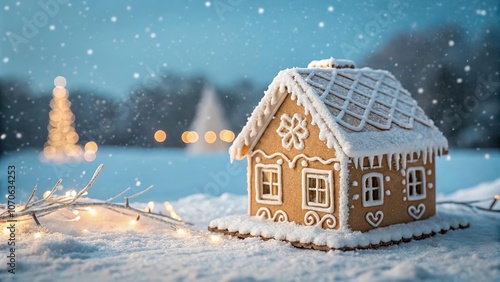 Detailreiches Lebkuchenhaus im Winterwunderland photo