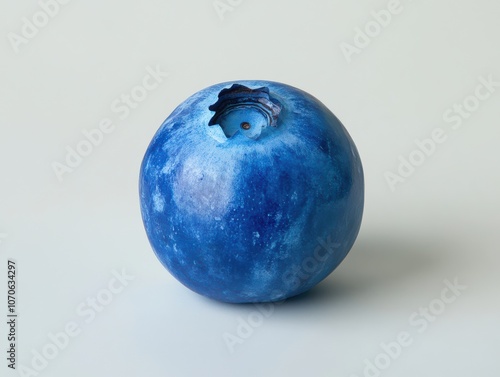 A single, plump blueberry sits against a light blue background, its blue skin shimmering with a subtle sheen. photo