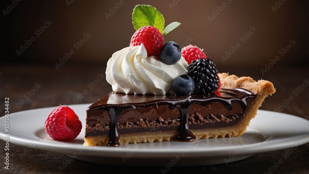 A delicious slice of chocolate pie topped with whipped cream and fresh berries. A delicious slice of chocolate pie topped with whipped cream and fresh berries.