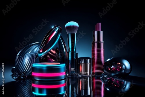 Futuristic beauty concept with neon-lit makeup tools and metallic skincare bottles on a reflective surface