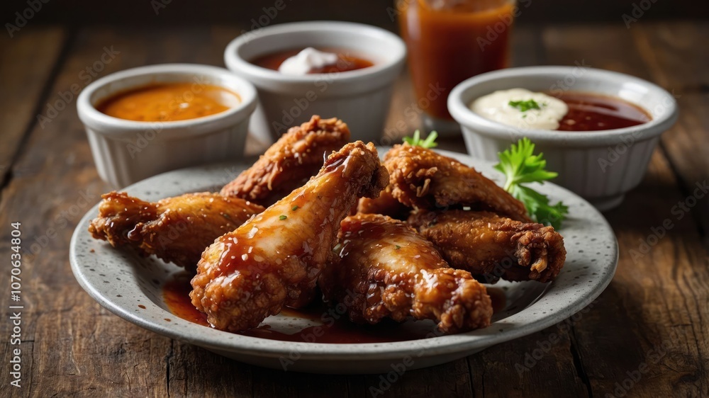 A plate of crispy chicken wings served with various dipping sauces. A plate of crispy chicken wings served with various dipping sauces.
