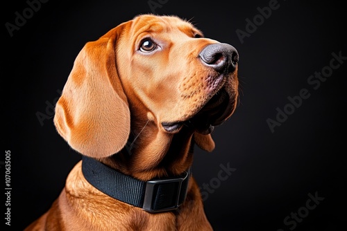 Gothic-style portrait of a dog with a dark, moody background and an old-fashioned collar