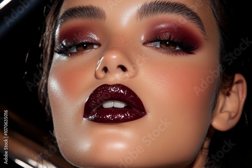 Gothic-inspired beauty portrait with dark lipstick, smokey eye makeup, and shadowy lighting