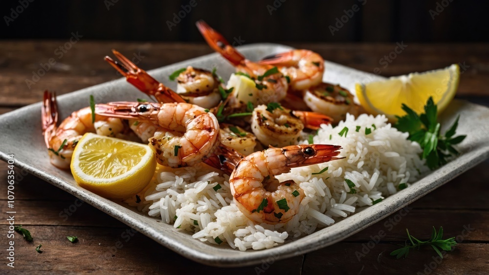 A plate of grilled shrimp served over white rice with lemon and herbs. A plate of grilled shrimp served over white rice with lemon and herbs.