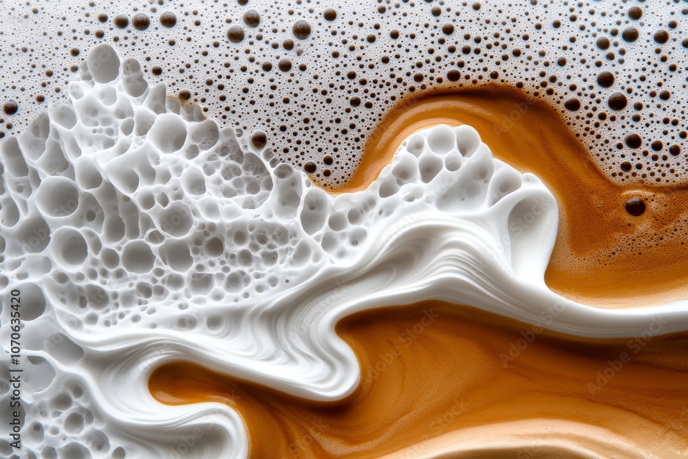 Hyper-realistic close-up of coffee foam with detailed textures and micro-bubbles, capturing rich color Hyper-realistic close-up of coffee foam with detailed textures and micro-bubbles, capturing rich color