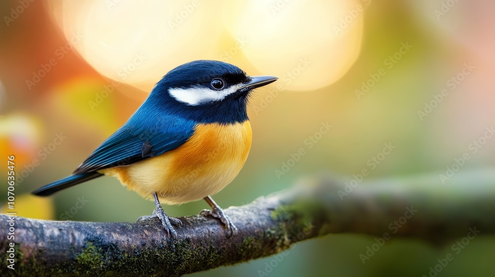 Obraz premium A vibrant bird perched on a branch, showcasing its colorful plumage against a blurred background.