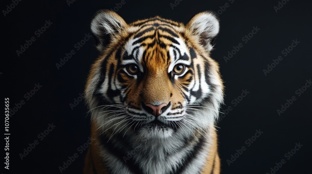 Fototapeta premium A close-up portrait of a majestic tiger against a dark background.