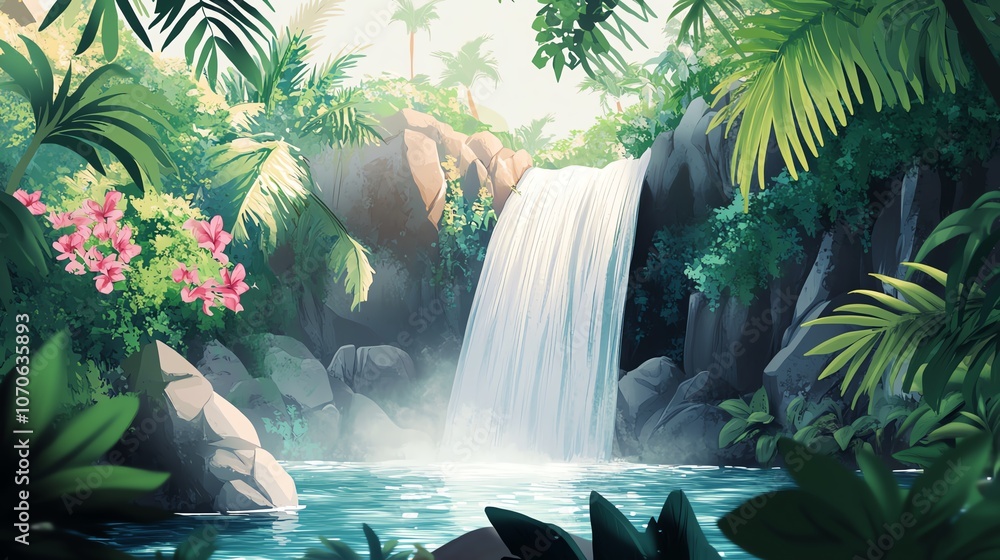 a 2D cartoon illustration of a waterfall in a tropical forest, refreshing and natural, white background--ar 16:9 a 2D cartoon illustration of a waterfall in a tropical forest, refreshing and natural, white background--ar 16:9