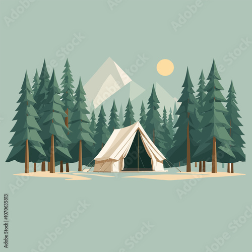 High-quality vector icon of a cozy camping setup with a tent under two symmetrical trees, designed with golden ratio proportions. White background for easy transparency use.