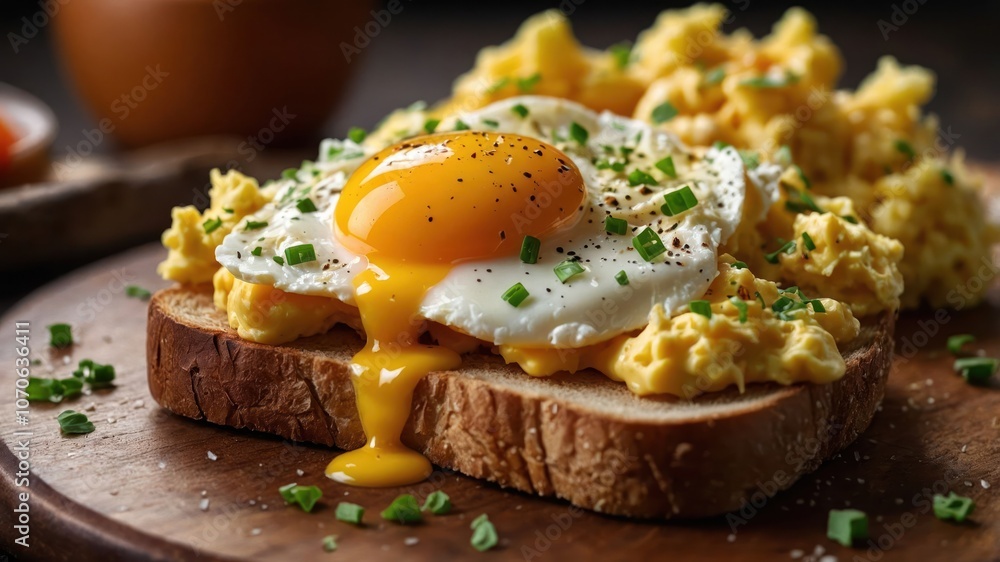 A delicious breakfast featuring scrambled eggs and a fried egg on toast. A delicious breakfast featuring scrambled eggs and a fried egg on toast.