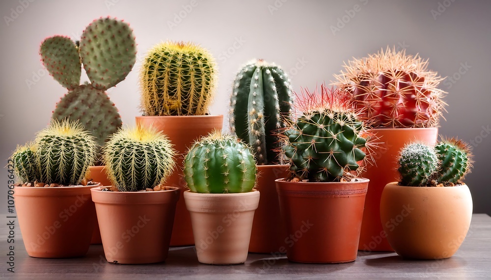 A small, potted cactus plant with sharp thorns, isolated on a white background A small, potted cactus plant with sharp thorns, isolated on a white background