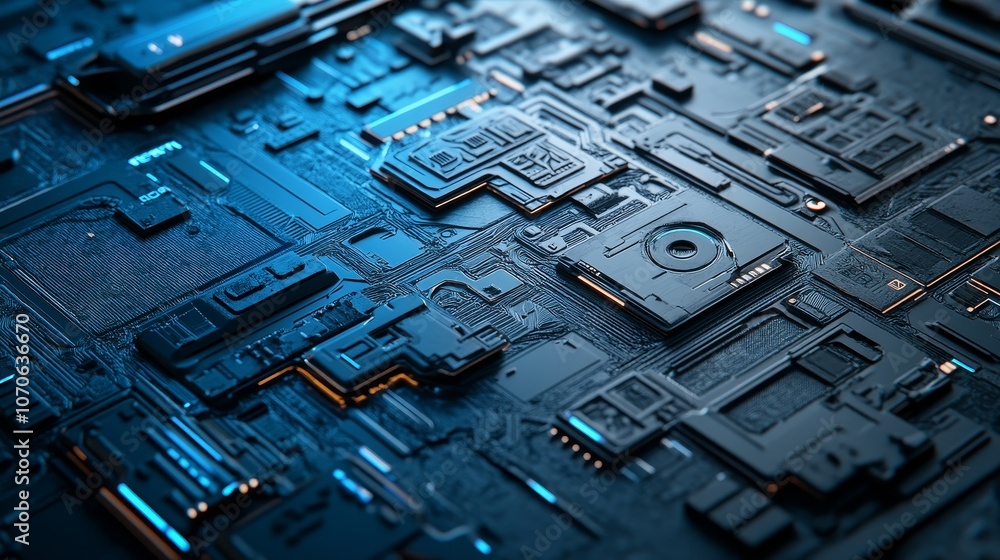 A close-up view of a complex circuit board with intricate patterns and glowing elements. A close-up view of a complex circuit board with intricate patterns and glowing elements.