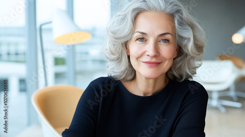 Free Download Close up portrait of senior woman with beautiful gray hair, smiling warmly in modern indoor setting, exuding confidence and grace - GFXLoad