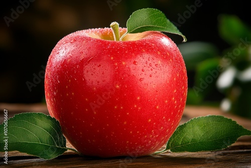 Old-fashioned label-style image of a red apple with leaves, capturing a retro orchard vibe photo