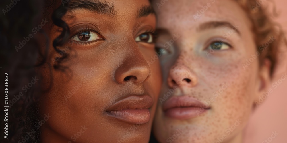 Celebrating beauty, diversity, and self-love through studio portraits of women focused on health, glow, and cosmetics, promoting skincare and friendship against a neutral backdrop