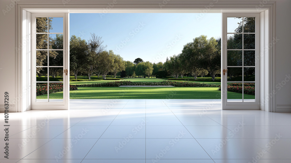 Fototapeta premium serene view through open French doors reveals lush English garden, showcasing vibrant greenery and tranquil atmosphere. sunlight enhances beauty of landscape