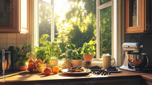 Bright kitchen scene with fresh ingredients and pancakes on a sunny morning photo