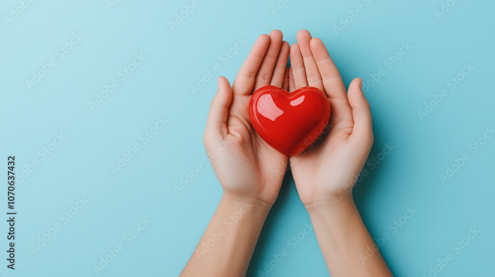 Fototapeta premium pair of hands gently cradles shiny red heart against blue background, symbolizing love and care. This evokes warmth and affection