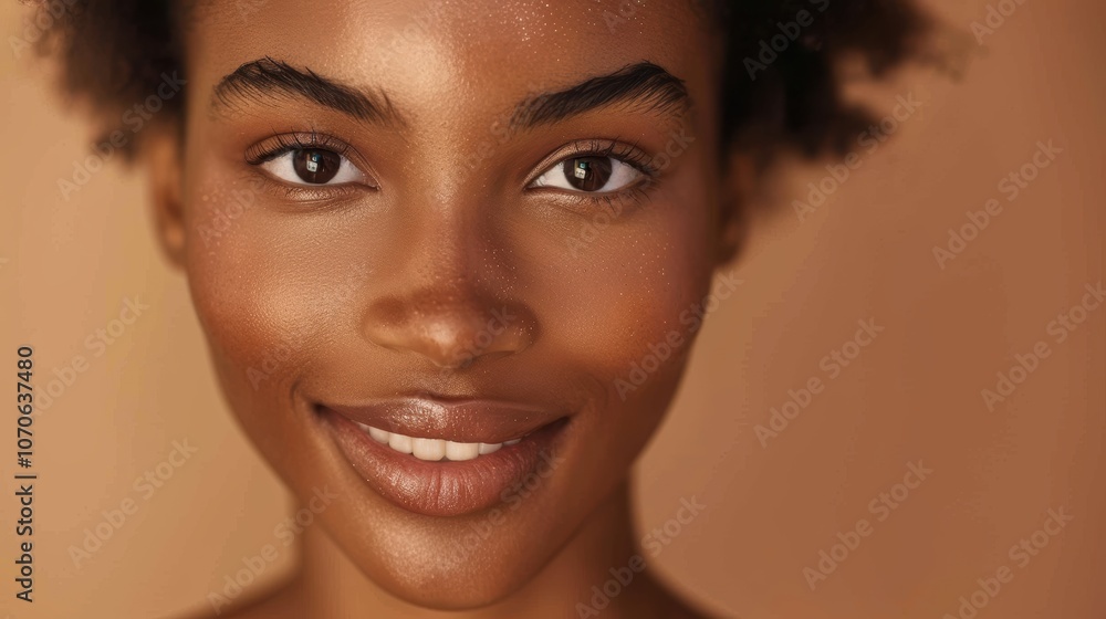 Close-up of a joyful womans face showcasing beauty and skin health, highlighting glow and cosmetics in a studio setting with a warm background Close-up of a joyful womans face showcasing beauty and skin health, highlighting glow and cosmetics in a studio setting with a warm background
