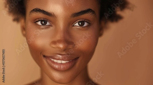 Close-up of a joyful womans face showcasing beauty and skin health, highlighting glow and cosmetics in a studio setting with a warm background