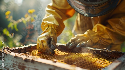 Beekeeping and honey production featuring a farmer in protective gear, showcasing the manufacturing process and eco-friendly extraction of this natural product from bees