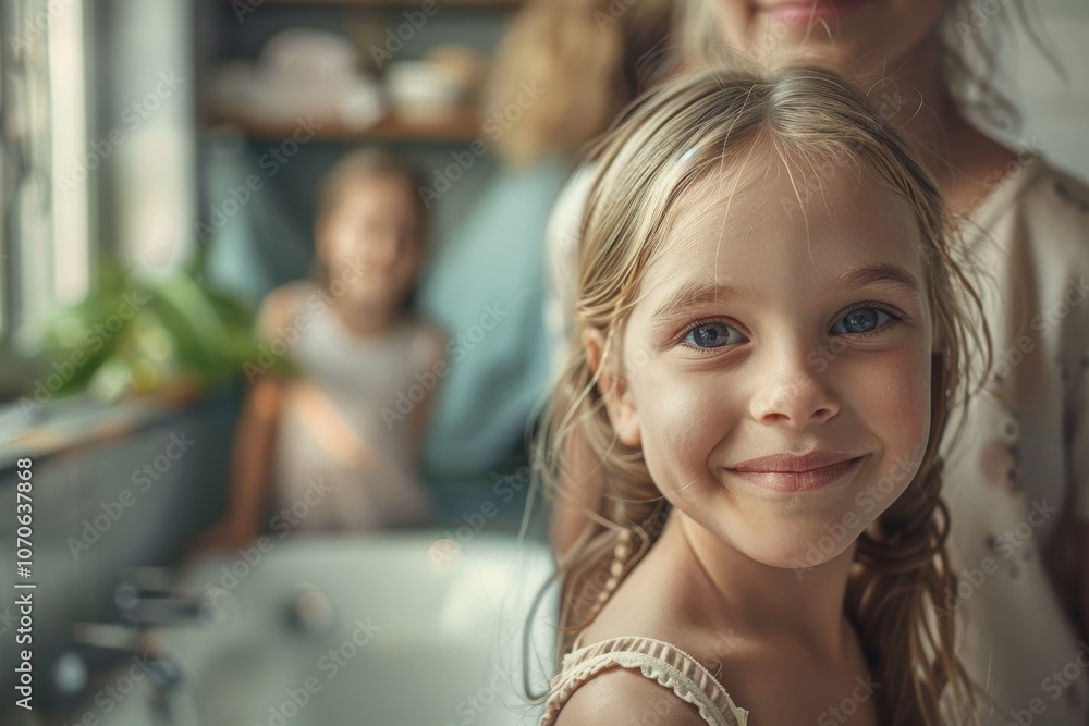Family morning routine featuring a girl and her dad in the bathroom ...