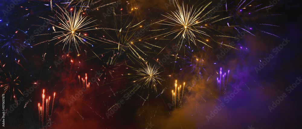 Fototapeta premium Silvester 2025 New year New Year's Eve Party background banner panorama long- firework fireworks on dark black night sky texture