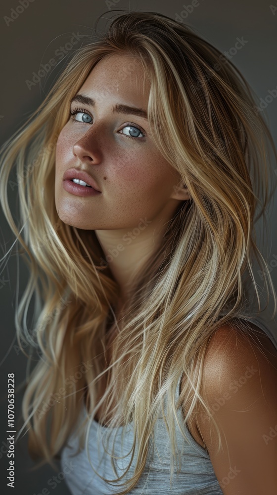 Portrait of a confident woman in a studio, showcasing her textured hair with a focus on beauty, luxury wellness, and haircare treatments against a dark backdrop Portrait of a confident woman in a studio, showcasing her textured hair with a focus on beauty, luxury wellness, and haircare treatments against a dark backdrop
