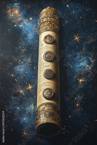 A detailed view of a parchment scroll bound by seven ornate seals, each adorned with symbolic engravings, set against the backdrop of a starry night sky, evoking a sense of mystery and ancient wisdom.