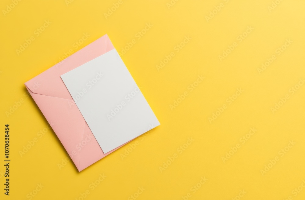 Blank White Card and Pink Envelope on Light Yellow Background, Flat Lay Composition with Copy Space Blank White Card and Pink Envelope on Light Yellow Background, Flat Lay Composition with Copy Space