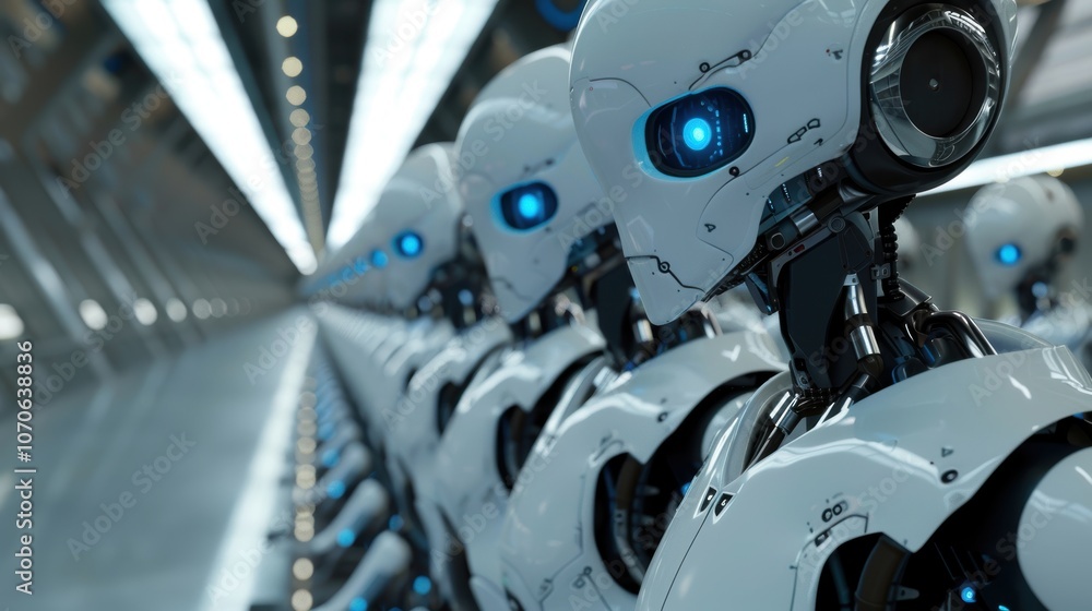 Assembly of robotic beings in a manufacturing setting. Concept of automation and workforce substitution Assembly of robotic beings in a manufacturing setting. Concept of automation and workforce substitution