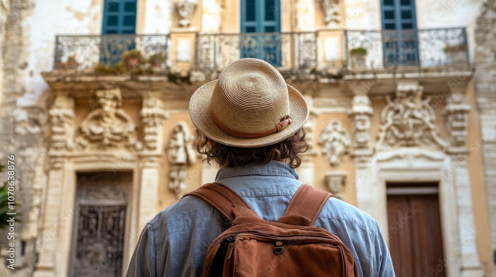 In front of Palazo Nicolaci in Noto, Sicily, a traveler with a hat. In front of Palazo Nicolaci in Noto, Sicily, a traveler with a hat.