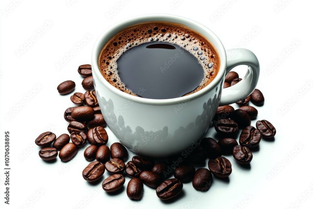 Obraz premium Simple illustration of a coffee mug with coffee beans around it, on a white background for a clean look