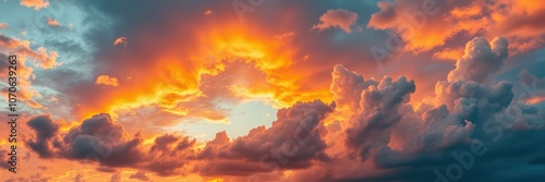 A vibrant sunset paints the sky with hues of orange and pink, as fluffy clouds dance across the canvas