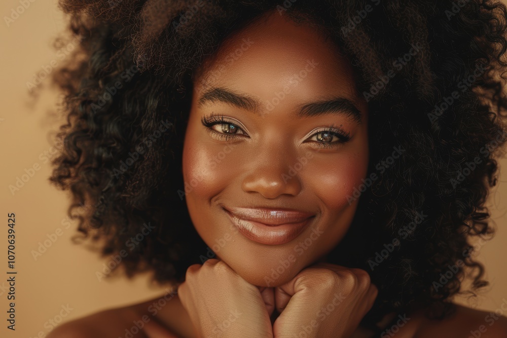 Portrait of a joyful woman with an afro against a warm backdrop, highlighting wellness, shine, and natural beauty through a close-up focusing on her curly hair and radiant smile Portrait of a joyful woman with an afro against a warm backdrop, highlighting wellness, shine, and natural beauty through a close-up focusing on her curly hair and radiant smile