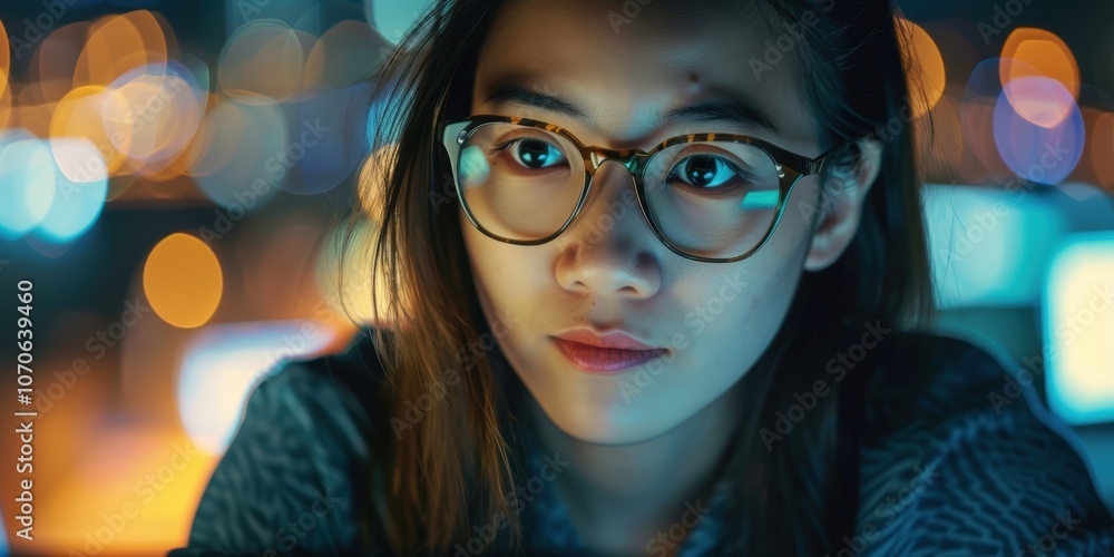 Woman working at a desk late at night, engaged in digital marketing and using technology for communication and professional tasks Woman working at a desk late at night, engaged in digital marketing and using technology for communication and professional tasks