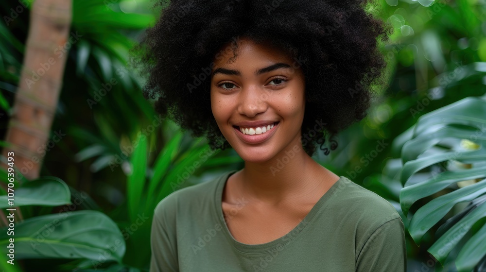 Fototapeta premium Cheerful young woman in a green t-shirt standing in front of a plant backdrop promoting eco-friendliness
