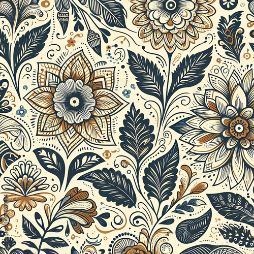 A cute floral pattern with cream, blue, yellow  and purple flowers and dark stems and leaves on a white background.