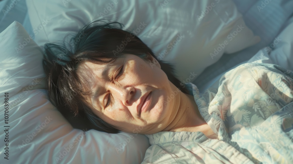 Cozy top view of a cheerful mature woman resting in bed, enjoying a nap for stress relief and relaxation in a home environment Cozy top view of a cheerful mature woman resting in bed, enjoying a nap for stress relief and relaxation in a home environment