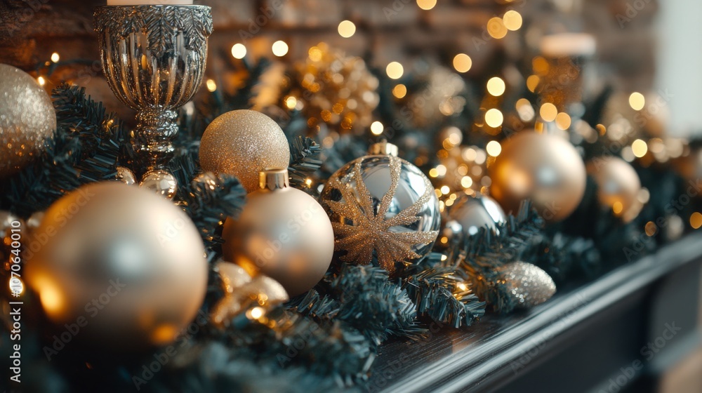 Fototapeta premium Golden and Silver Christmas Ornaments on a Green Garland with String Lights