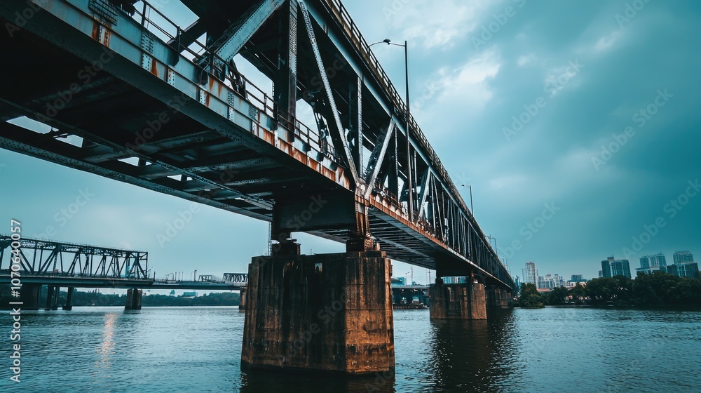 Low angle view of a steel bridge over a river. Low angle view of a steel bridge over a river.