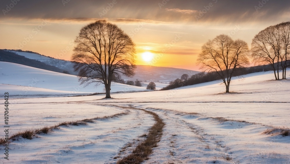 Winter Sunset Over Snowy Field and Bare Trees Amid Hills Winter Sunset Over Snowy Field and Bare Trees Amid Hills