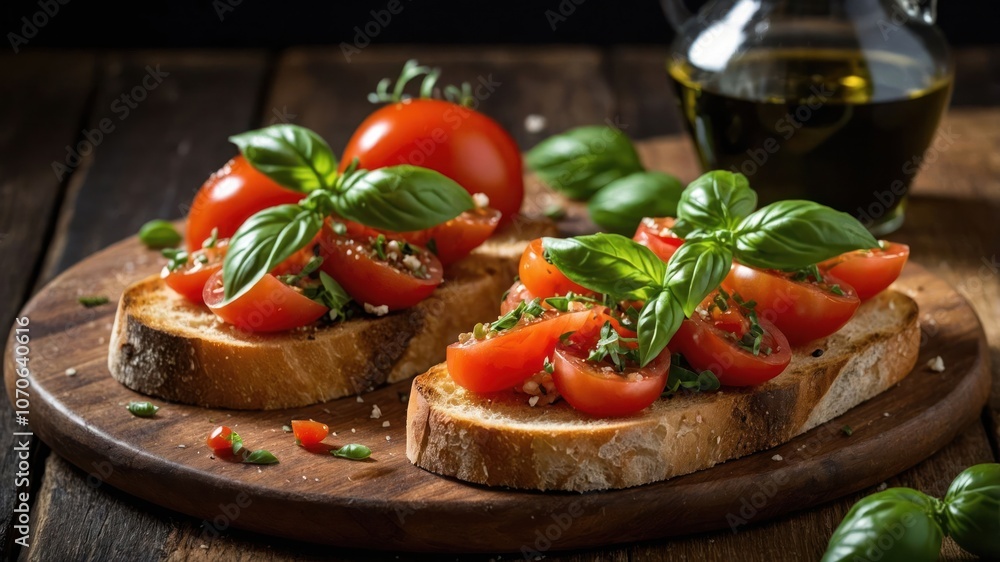 Fresh bruschetta topped with tomatoes and basil, drizzled with olive oil on a wooden board. Fresh bruschetta topped with tomatoes and basil, drizzled with olive oil on a wooden board.